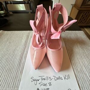 Dolls Kill Pink Patent Pointed Toe Bow Ankle Strap Heels